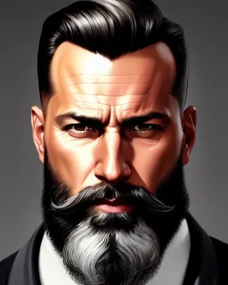 "MIddle aged white human male, with a trimmed but uneven beard, piercing eyes with slick back hair, full-scale head and shoulders portrait, 8k resolution concept art portrait by Greg Rutkowski, Artgerm, WLOP, Alphonse Mucha dynamic lighting hyperdetailed intricately detailed Splash art trending on Artstation triadic colors Unreal Engine 5 volumetric lighting Splash art fantasy"