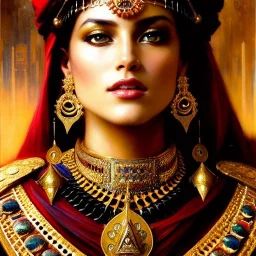 portrait beautiful face queen of Sheba ,busty,medieval metal armor balanciaga fashion clothe painting by gaston bussiere, greg rutkowski, yoji shinkawa, yoshitaka amano, tsutomu nihei, donato giancola, tim hildebrandt, oil on canvas, cinematic composition, extreme detail,fit full head inside picture