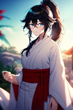 girl, masterpiece, best quality, cinematic lighting, detailed outfit, vibrant colors, perfect eyes, blue eyes, long hair, black hair, messy hair, hair between eyes, depth of field, ray tracing, miko, ponytail,