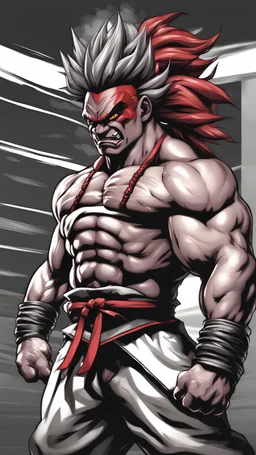 Mix between akuma from street fighter and hemar yujiro, realistic style