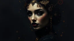 surreal fantasy magic fashion portrait, abstract art, surreal fantasy mixed media, raised amazingly beautiful fantasy fashion extravagant elegance lady portrait, film noir mood, cinematographic, dramatic, deep rich black colors, magic lighting, minimalism, few gold accents, vintage retro France mood,