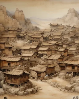 A tan town made out of stones painted by Zhang Lu