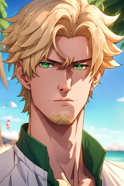 The handsome and perfect portrait is on Spruce Street, anime, blonde-haired and green-eyed male character on the beach for the magazine, 8K resolution, high quality, ultra graphics, and detailed with lines.