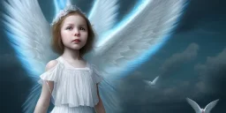 a little girl surrounded by beautiful angles with wings flying around her. white clouds beneath her