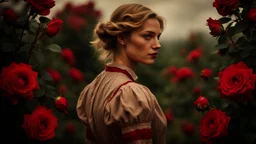 back to the camera a dark blonde young woman in old hungarian pale brown villager clochts stands in front of the nice red rose bush, und dark red running roses around, high detalied, sharp focus, high realistic, perfect photo