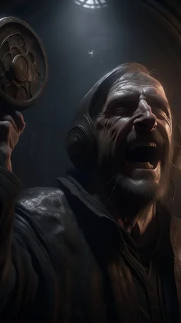 Busch painting style nightmare, a zoomed view man his head loud speaker with light in the centre top in a 3d rendering full-height image of a grim and dark scene. Ensure the final images exhibit the utmost quality, with the play of a torch-lit dungeon encompassing 4K, 8K, and 64K resolutions, with 3D rendering that manifests in photorealistic, hyperrealistic, and highly detailed representations. Employ techniques such as HDR, UHD,