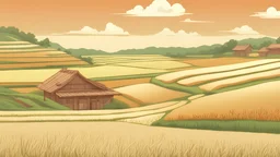 Rice field，Trees，Warm color palette，Animation，A lovely grasshopper，Top of the hill