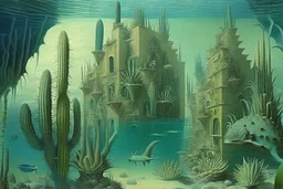 a fantastic underwater city with cactus houses by artists "Leonora Carrington" and "Piranesi"