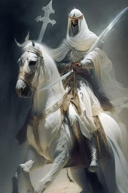 An Arab warrior holding two swords, sitting on horseback, wearing a white robe, strong, mysterious, frightening, fantasy, high quality