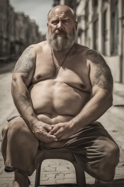 viril strong chubby mature russian man sunbathing, sitted on an empty street, 41 years old, dirty tank top, tattoo, bullneck, hands behind the neck, ripped dirty shorts, manly chest, very hairy, short beard, big shoulders, relaxed, photorealistic, well defined facial features, half figure photography, view angle from the ground