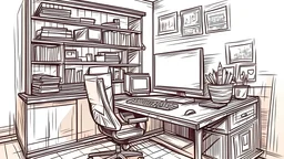 The wall of a room with a computer desk. A large hard drive to the right of the computer monitor. hand drawn ilustration