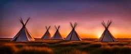 Prairie landscape, magic hour lighting, 3 teepees, historically authentic