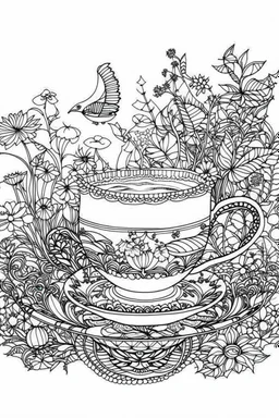 Outline art for coloring page, AVANT GARDE DRAWING TEACUP SET IN A GARDEN, coloring page, white background, Sketch style, only use outline, clean line art, white background, no shadows, no shading, no color, clear