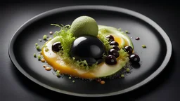 A gourmet dish showcasing molecular gastronomy techniques: spheres of balsamic vinegar, olive oil caviar, and foamed avocado. The dish is presented on a sleek, black slate with a flourish of microgreens, Ultra Realism, beautiful intricate insanely detailed octane render, 5d, 16k, artistic photography, perfect light, chiaroscuro, award-winning photograph, masterpiece, rule of thirds, 35mm lens, adjust perspective