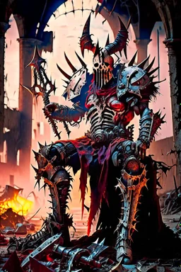metal maden male chaos warrior of khorne in armor is holding a great sword in a ruined post-apocalyptic city, sci-fi, fantasy, horror, skulls on the ground, blood, Tornado, Roman, Empty chairs,Tangled roots,Key, Warped,Mangled,Ethereal, (Isolation:1.1), (Glaze:1.1), (Reflected light:1.2), Glass, Polygon, ultra detailed, intricate, oil on canvas, dry brush, (surrealism:1.1), (disturbing:1.1), trending on artstation, sharp focus, studio photo, intricate details, highly detailed, by greg rutkowski,