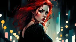 Graphic Novel Full Body Portrait Of Disney Ariel, Gorgeous Red Hair, Big Wide Set Eyes, Cute Nose, Big Pouty Lips, Unique Moody Face, slinky Black Dress dancing on stage under neon lights, Cinematic Detailed Mysterious Sharp Focus High Contrast Dramatic Volumetric Lighting,:: dark mysterious esoteric atmosphere :: digital matt painting by Jeremy Mann + Carne Griffiths + Leonid Afremov, black canvas, dramatic shading, detailed face