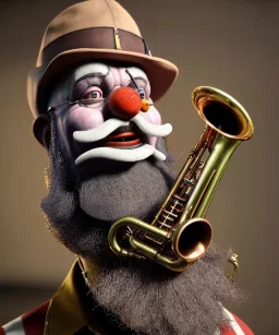 mechanoid old friendly fat clown with trimmed beard playing jazz with a steampunk theme, trumpet, realistic