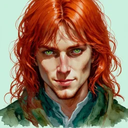 dnd, fantasy, watercolour, stylistic, portrait, illustration, dull colours, male, face, narrow face, weathered face, green eyes, determined, happy, red hair, very long hair streaming down the shoulders, radiating light, five o'clock shadow