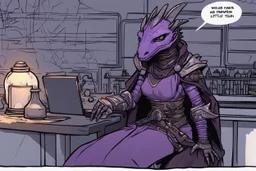 a black and purple, female argonian artificer who uses Tesla coils, skinny, wearing little armor and a cloak, sitting in her lab