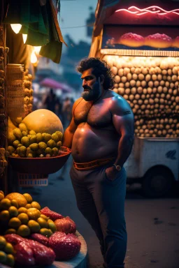 full body shot photography, iranian man at night, 55 years old with hands on the flap, manly chest, muscular chubby , curly beard, dirty, serious, stand up on a crowded street, sells watermelons at his stall, sweat, shirtless, open legs, bulging pants, long hair, ugly, big thighs, bullneck, big shoulders, photo realistic, photographic, super detailed, hyper realistic, UHD, midnight , misery and poverty, side light, frontal view from the ground, ambient occlusion