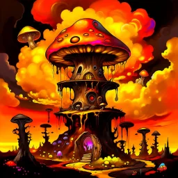 A fantabulous black, orange, and yellow (((mushroom tower house))) erected atop a (geologic pillar), surrounded by the uncanny imaginative ((( swirling skies))), offset by the stark hues of a (neon-tinged nebulous space scape), within. captured by the hand a skilled master painter with a focus on (softly blurred compositions and voluminous lighting).