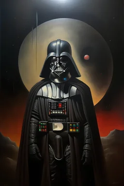 1970's dark fantasy cover dnd style oil painting of a fat darth vader with minimalist far perspective