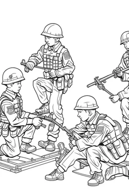 Outline art for coloring page OF ONE BOY PLAYING WITH A 1945 TOY SET OF FOUR SMALL AMERICAN PLASTIC TOY ARMY SOLDIERS, coloring page, white background, Sketch style, only use outline, clean line art, white background, no shadows, no shading, no color, clear