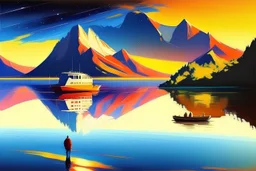 Lake reflection, distant exoplanet in the horizon, boat, mountains, sci-fi, lesser ury painting