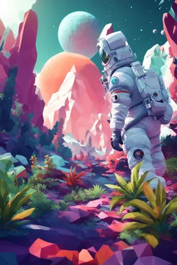 (((close midshot))), (((low poly art:2))), (astronaut), ultra detailed illustration of an environment on a dangerous:1.2 exotic planet with plants and wild (animals:1.5), (vast open world), astroneer inspired, highest quality, no lines, no outlines candid photography. by Lekrot