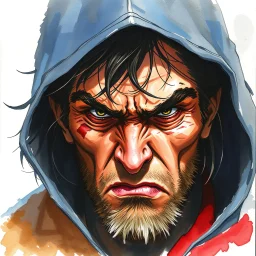 dnd, fantasy, watercolour, large strokes, stylistic, portrait, illustration, artistic, professional illlustration, male, face, weathered face, sly, violent, evil, vigorous, rogue, criminal