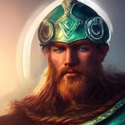 highly detailed portrait viking king art, red hair, blue glass eyes, green glass steel armor, cinematic lighting, 4k, 8k, octane render, digital concept art, greg rutkowski, trending on artstation, pinterest, extremely detailed, ambient lighting.