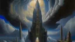 Una ciudad vertical suspendida sobre un valle oscuro durante una tormenta eléctrica, con una catedral estrecha elevándose hacia las nubes y figuras adultas vestidas con largas túnicas ascendiendo lentamente por una escalinata monumental. Las arquitecturas se deforman y se estiran hacia el cielo, mientras haces de luz atraviesan las nubes. Pintura manierista de intenso dramatismo espiritual, figuras alargadas, anatomías estilizadas, perspectivas imposibles, pincelada vibrante, contrastes violento