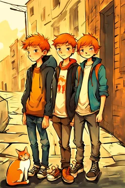 Act like a book cover designer. Use graffiti style. Three teenagers (13-15 years old) - two boys brothers with ginger hair and frickles with a brown-haired girl and with a grimy black cat. Environment: old town.