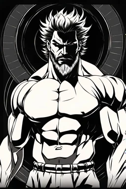 In a monocromatic black background put an anime-style full body picture of a man of average size and muscles with small black circled beard and medium size hair, black eyes, big nose, wearing a full black t-shirt
