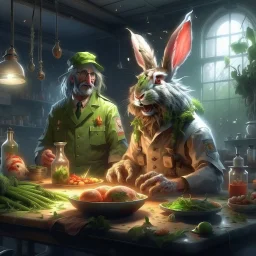 portrait of crazy scientist and army officer irradiating food inside grove with huge fluffy hare with nightmare mutations, 4 k, down-light, soft light, depth of field, photo realism, trending on art station, high detail, spray paint