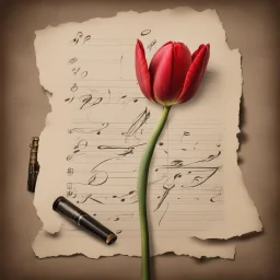 Hyper realistic red tulip on the side of a vintage paper with harmonica instrument & small musical notes