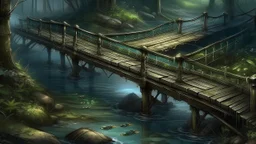 A dark stream with metal debris floating on its surface and rare fish swimming inside, a wooden bridge similar to those in Monet's works crosses it.