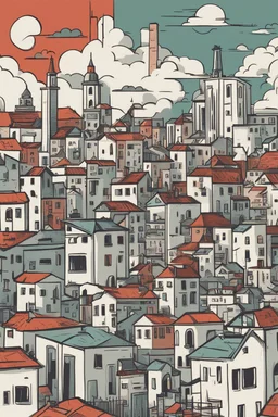 An illustration about a caotic city with a lot of elements using online 2 colors