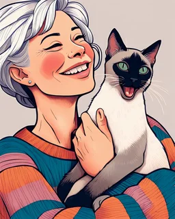 PROMPT:Silver haired mature woman] with playful facial expression hugging a joyful [Oriental shorthair Siamese cat], wearing [casual clothes], in a charming hand-drawn illustration style with [bright colors], flat background, minimal color palette, side profile composition, textured fills, bold outlines, simple whimsical shapes
