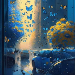 morning, window, rain, butterflies, blue, flowers in the road, city, crowd, cars, sunlight, golden