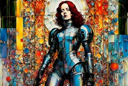 Create chaotic abstract cubist full body religious triptych depicting a martyred Gothpunk Saint Joan of Arc , with highly detailed facial features, in the style of Bill Sienkiewicz, Philippe Druillet, Gustav Klimt, and Jean Giraud Moebius, precisely drawn, colored and inked