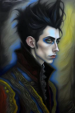 create a 3/4 profile, full body oil pastel of a dark haired, savage, ornately dressed, gothpunk vampire boy with highly detailed , sharply defined hair and facial features , in a foggy 19th century Moscow, in the style of JEAN-FRANCOIS MILLET