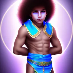 beautiful 12 year old arabic boy with curly hair and light blue eyes dressed in short transparent loincloth