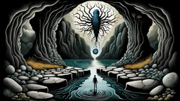 dreamlike inner world with uncontrolled mind and neurodivergens soul, floating rocks over surreal cracked weird landscape . between two dark door one stone bridge over black river, . deep dark colors. Whimsical strange style of Chagall, of Quentin Blake, andYoshitaka Amano of Anton Semenov. some black human creature sitting , flotaing, walking in picture, weird absurd beauty nightmare, black shadow, in background neuronic network, surreal vibe, cinematic