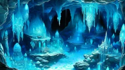 A cyan cavern with crystals designed in African pottery painted by Guo Xi