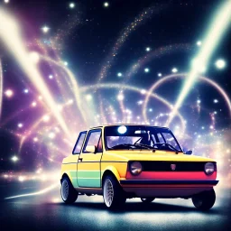 fiat 126p, city. high speed. bokeh. lens flare. warm lights. high detailed