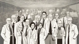 The image depicts a group of pioneering scientists standing together against a modern scientific backdrop. The scientists are dressed professionally and exhibit enthusiastic smiles. The image showcases intricate details of modern scientific and technological tools in the background, indicating the advancement of technology and science. The image conveys a message of inspiration and ambition to change the world through scientific research and innovative technology.