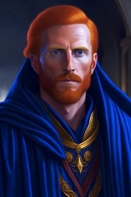 dungeons and dragons male caucasian clean shaven elf with long red hair wearing navy blue and silver robes played by ryan gosling