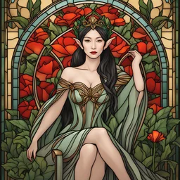 Stained Glass Art Nouveau art style A beautiful as a model asian woodland elf princess who looks like a young Lucy Liu seated on a throne surrounded by poppies and marijuana leaves in a mystical forest, photo-realistic