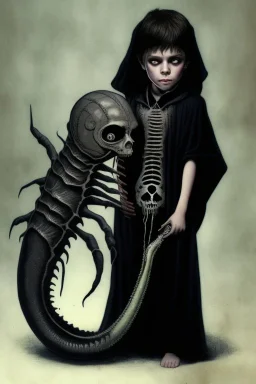 7 year old boy, necromancer, friendly, looks dead,with a long lamprey emerging from his belly , wearing black robes, in the style of H.R. Giger